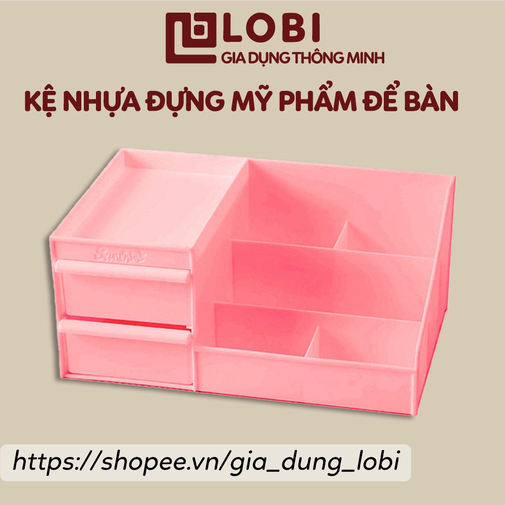 Kệ nhựa đựng mỹ phẩm đồ trang điểm để bàn chất liệu nhựa PP 2 màu trắng hồng (size 25x16cm)