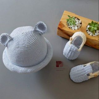Set nón giày len handmade gấu xanh sữa mẫu cho cả bé trai bé gái