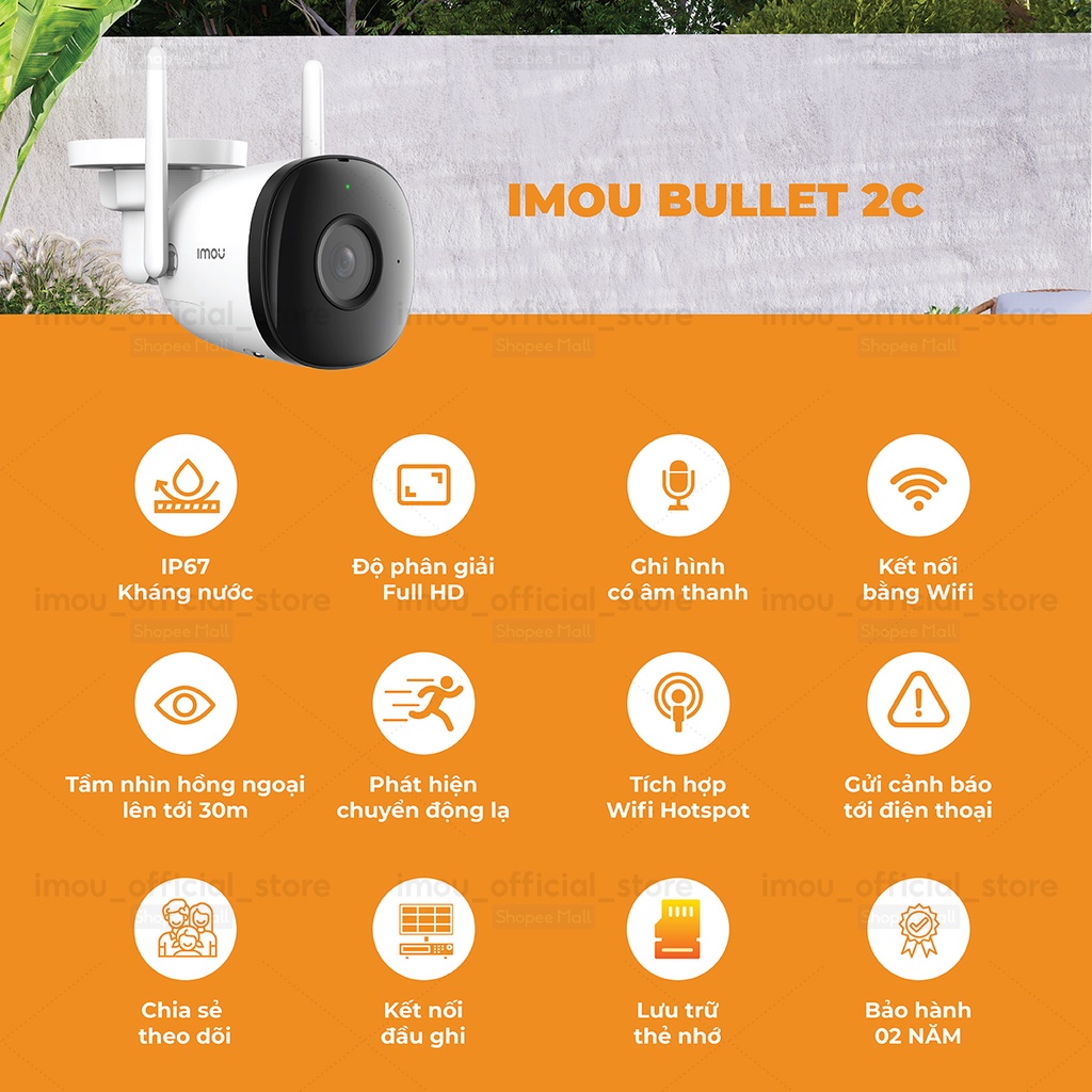 Camera không dây WiFi ngoài trời IMOU IPC-F22FEP ghi hình màu ban đêm - Hàng Chính Hãng