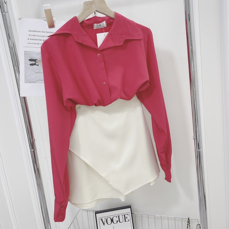 Set Áo Sơ Mi Hồng Mix Chân Váy Chữ A Trắng Dáng Rộng