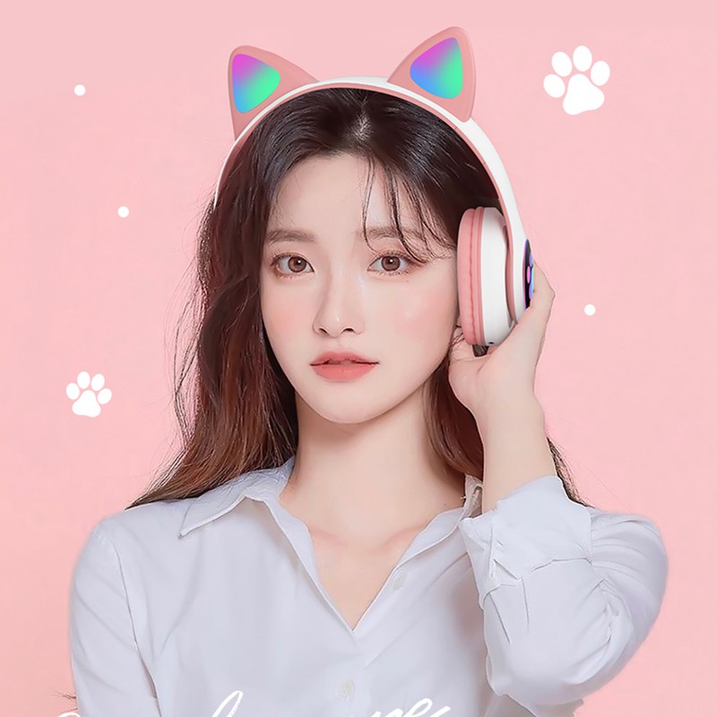 Tai Nghe Headphone Tai Mèo - Xinh Xắn - Có Đèn Led Siêu Cute Tai Nghe Mèo Bluetooth, Headphone Tai Mèo Dễ Thương Có Mic,Âm Bass Mạnh Mẽ Và Dung Lượng Pin Khủng 400mAh BH 12 Tháng BEST