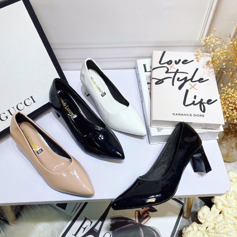 Bán sie giày cao gót công sở da bóng gót dẹt 5p chắc chắn