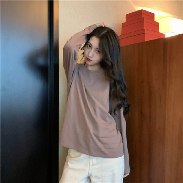 Áo Thun Tay Dài Cổ Tròn Màu Trơn Phong Cách Hàn Quốc Cho Nữ