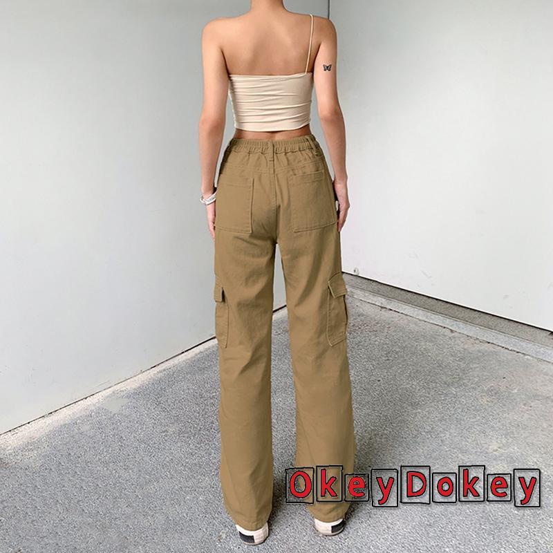 OKDK-Quần vận chuyển hàng hóa thời trang nữ Quần jean cạp cao khóa thẳng có túi