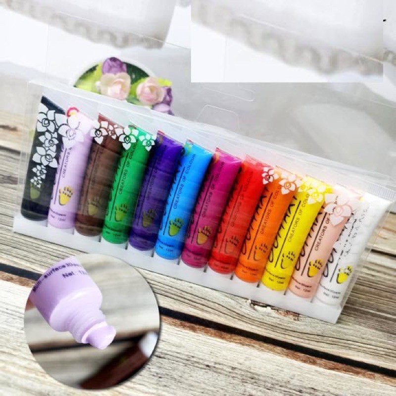 Sét bột vẽ cọ bản  tuýp OUMAXI vẽ móng nail- sét 12 màu trang trí hoa bột.