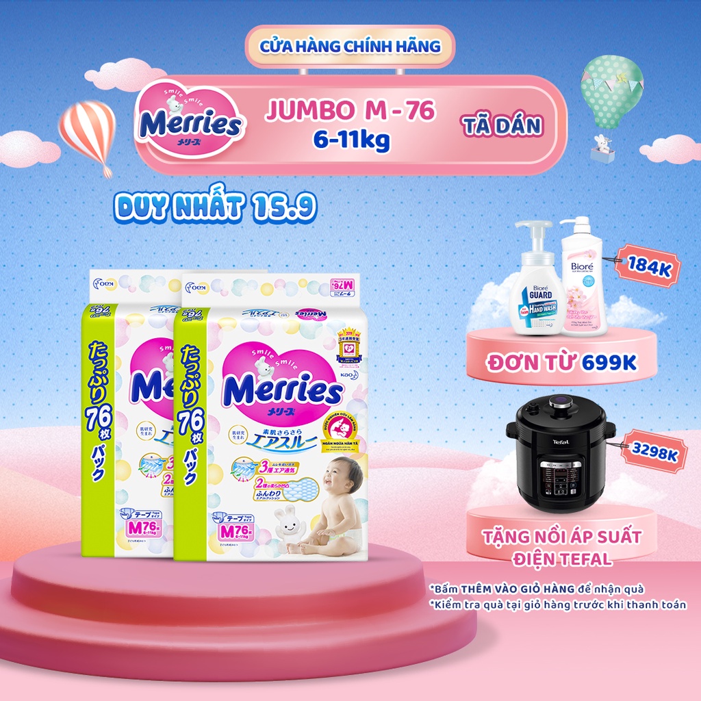 Combo 2 Tã dán Merries Jumbo Đủ Size M76/L64