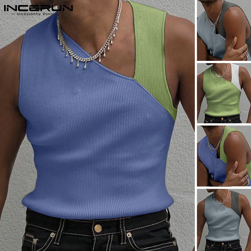 Áo ba lỗ INCERUN dáng ôm phối màu tương phản thời trang thường ngày cho nam