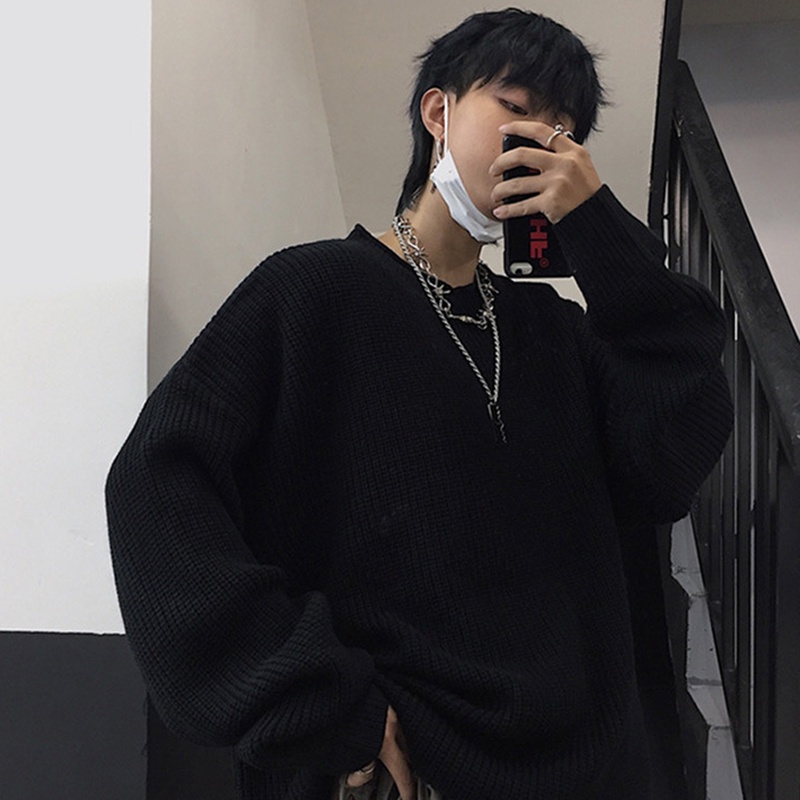 Ielgy Áo sweater Dệt Kim Cổ Tròn Dáng Rộng Màu Trơn Cho Nam