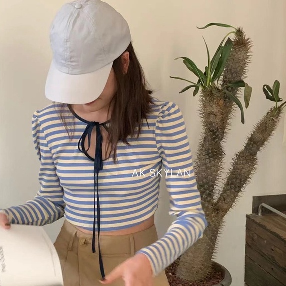 【ZHELIHANGFEI】Áo Dệt Kim Tay Dài Lưng Cao Kẻ Sọc Cá Tính Thời Trang
