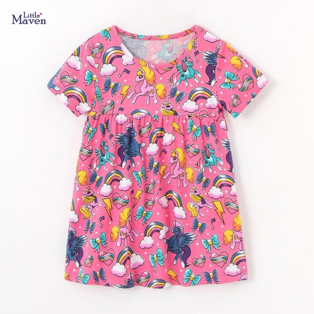 Váy cotton cộc tay ngựa pony hồng Little Maven 2-7Y (có ảnh thật)