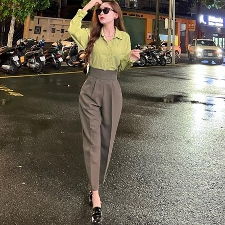 Quần tây đen nữ lưng cao cạp V dáng dài baggy khóa sau ống đứng mẫu mới hot Quần tây nữ đi học tuyết mưa vải màu đen mềm