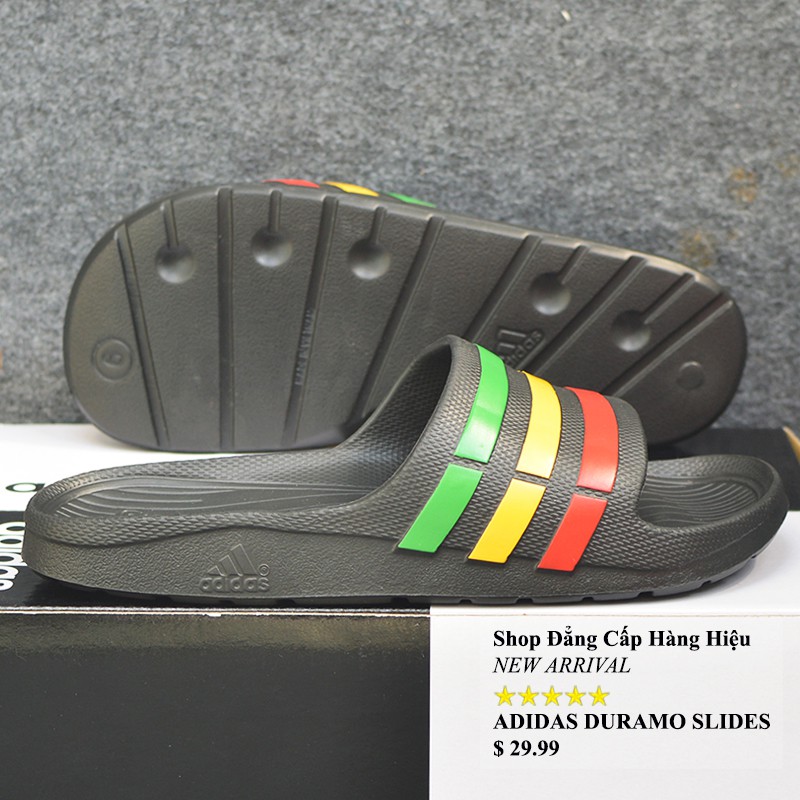 Dép Adidas Duramo màu đen sọc lá vàng đỏ