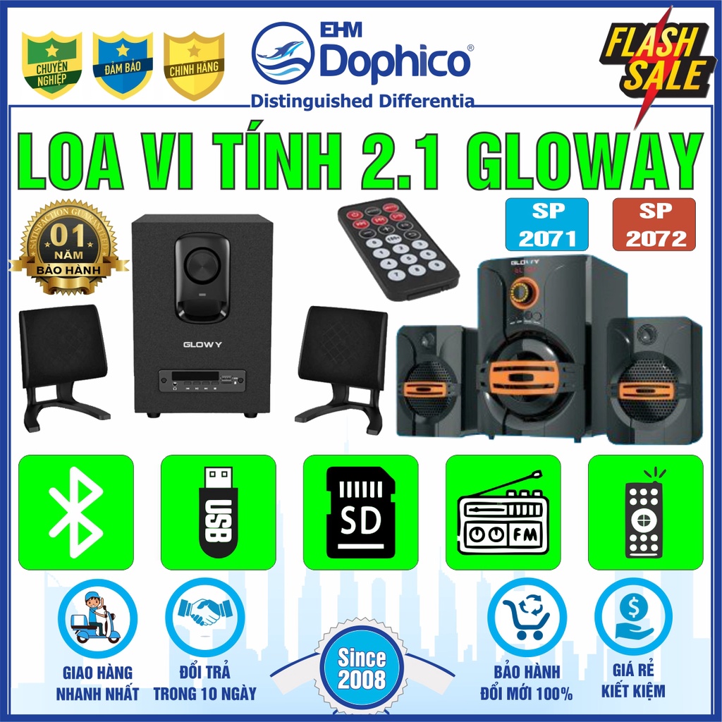 Loa vi tính 2.1 Gloway SP-2071 | SP-2072 – Chính hãng – Có Bluetooth + FM, hỗ trợ khe cắm SD + USB – Bảo Hành 12 tháng