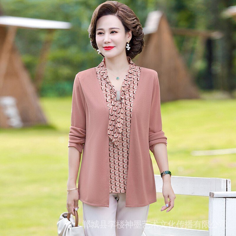 Áo Thun Tay Dài Phong Cách Hàn Quốc Thời Trang Xuân Thu Cho Phụ Nữ Trung Niên 50 Tuổi