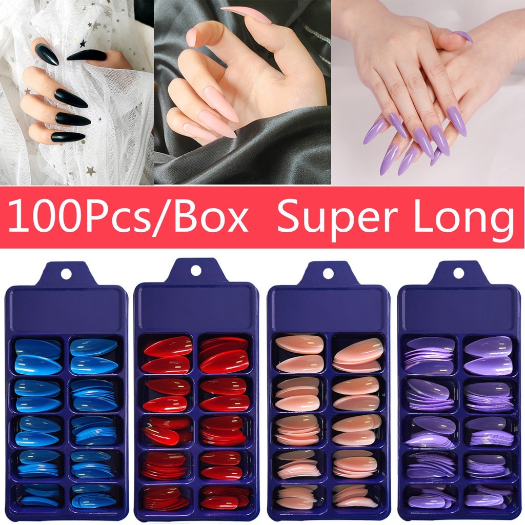 Hộp 100 Móng Tay Giả Siêu Dài Hình Giọt Nước Có Thể Tháo Rời Màu Sắc Trơn