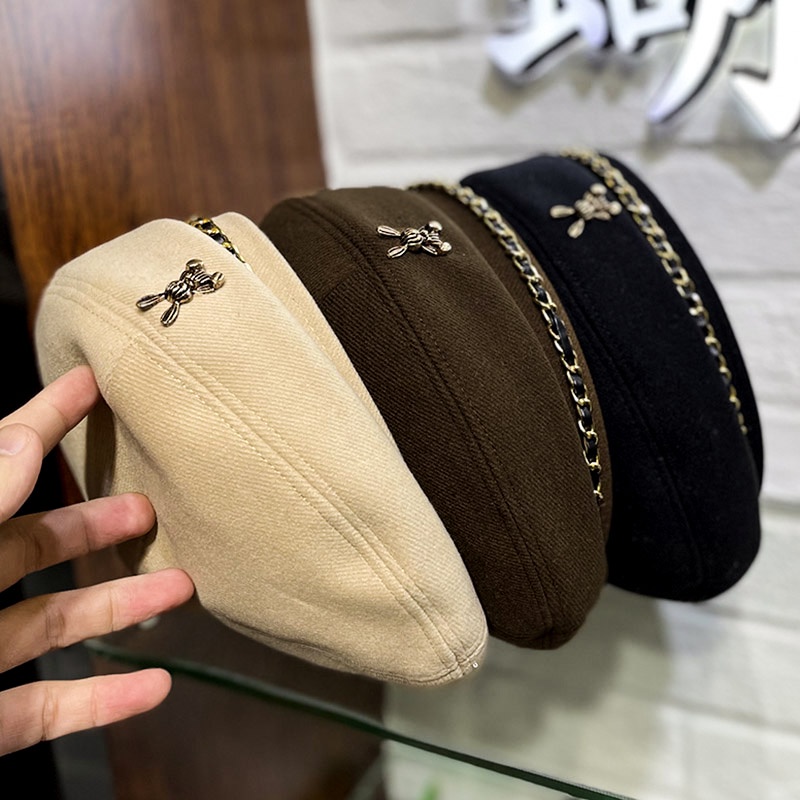 Mũ nồi len phối dây xích phong cách thời trang thu đông Hàn Quốc cho nữ