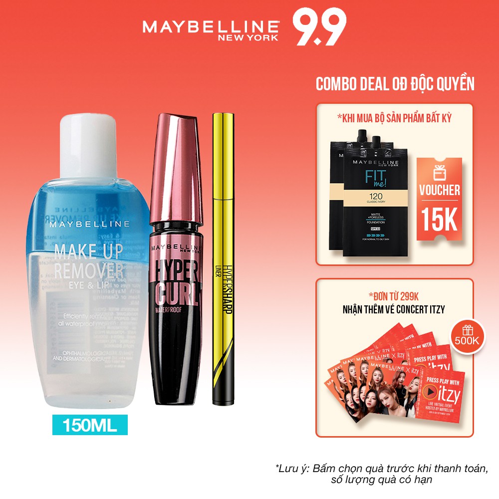 [Bộ trang điểm] Bút kẻ mắt Hyper Sharp 0.5 + Mascara Hyper Curl 0.2ml + Tẩy trang mắt môi 150ml Maybelline New York