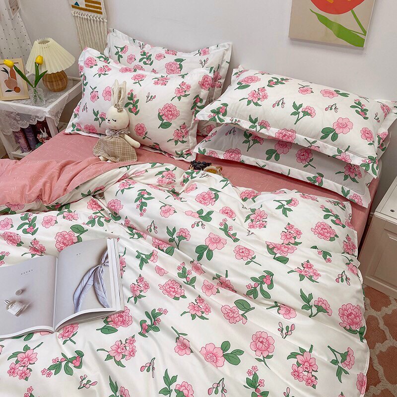 Bộ chăn ga gối Poly Hàn Quốc hoa hồng lãng mạn (Tặng vỏ gối ôm) - Miễn phí bo chun