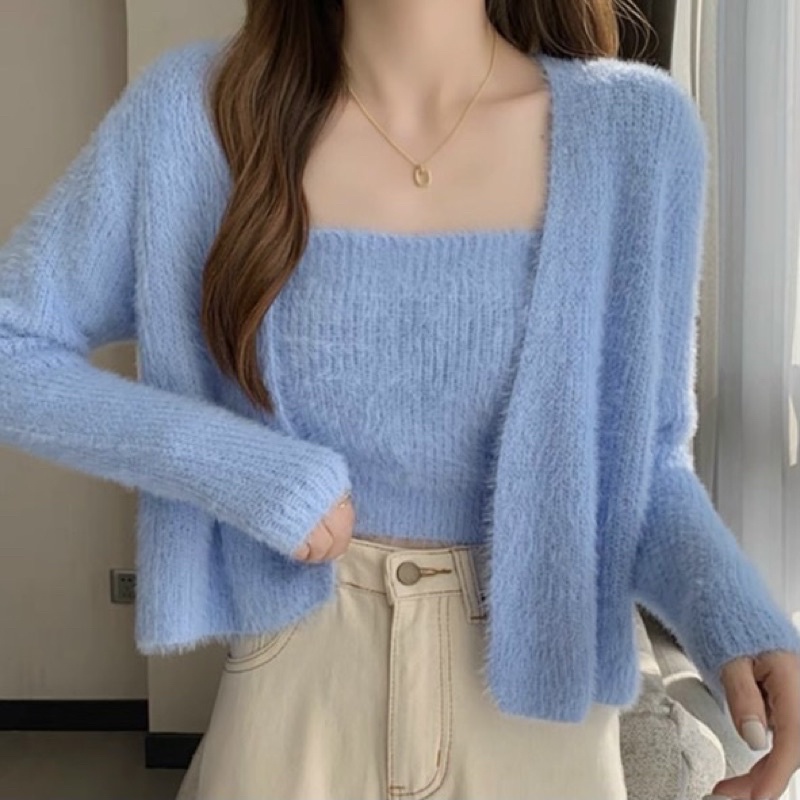 [SALE XẢ] SET ÁO HAI DÂY CADIGAN LEN LÔNG THỎ CO GIÃN | BigBuy360 - bigbuy360.vn