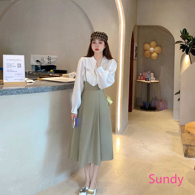 Bộ áo sơ mi + váy yếm thời trang Pháp cổ điển cho nữ