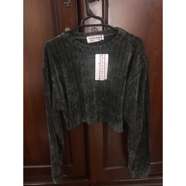 Tingoan Áo croptop nhung tăm xanh rêu