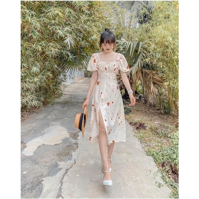 Đầm midi hoa nhí xẻ