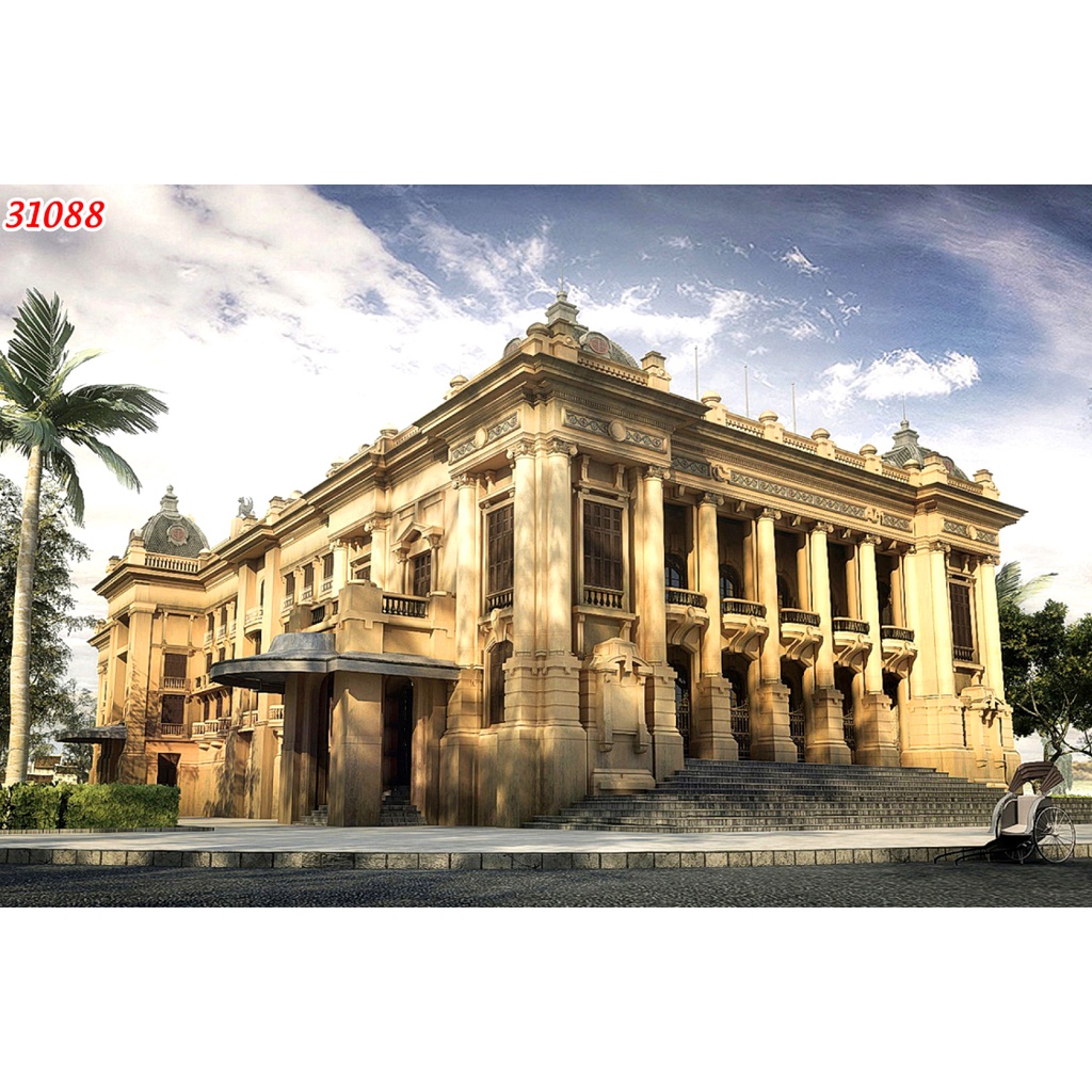 Tranh dán tường khổ lớn Quán Cafe, Trà chanh, Trà Sữa, Trang Trí Cửa Hàng 3D kiến trúc phong cách Hà Nội cổ điển