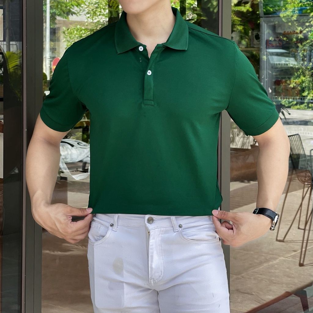 Áo thun POLO xanh trơn Basic form ôm