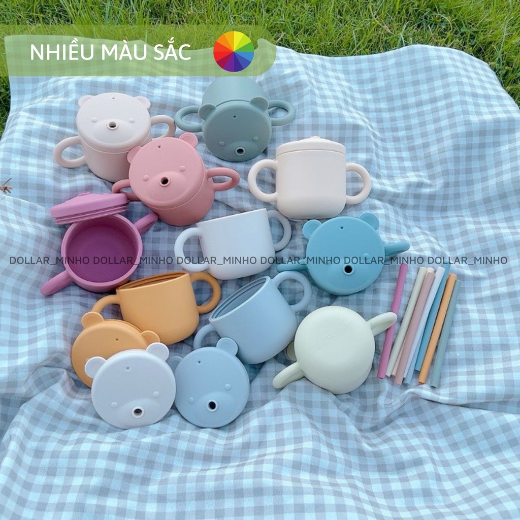 Cốc tập uống silicone hình gấu (new) cho bé từ 6 tháng, có nút đẩy nước lên kèm 2 ống hút