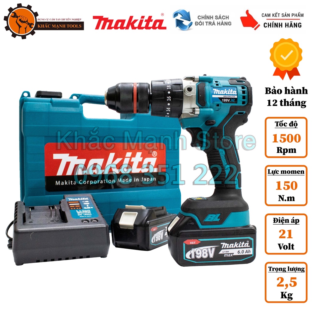 Máy Khoan Pin MAKITA 199V Động Cơ Không Chổi Than - Đầu Auto Lock Viền Đỏ