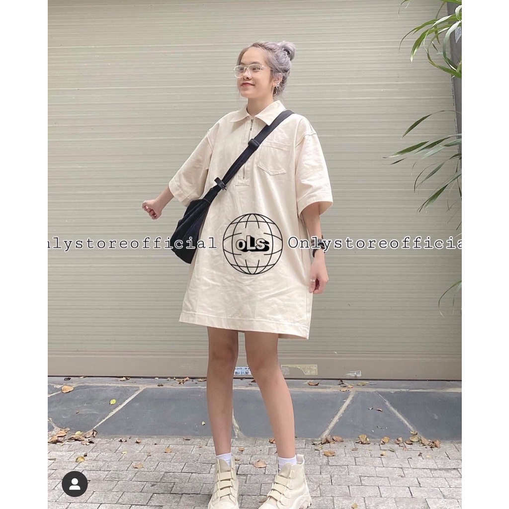 Váy polo nữ dáng suông màu be form rộng unisex tay lỡ cá tính Ulzzang chất su co dãn dày dặn Xưởng sỉ nguyễn hoa | BigBuy360 - bigbuy360.vn