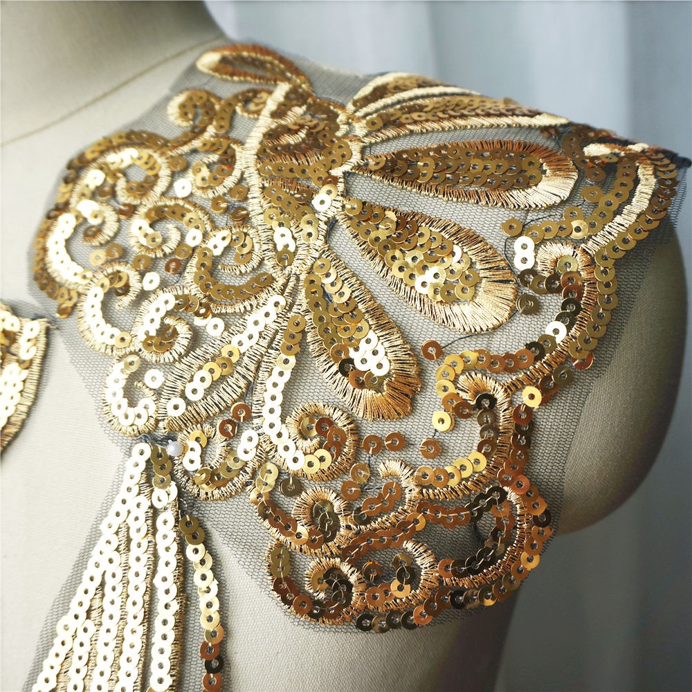 Miếng Vải Tuyn Màu Vàng Đen Thêu Hoa Đính Kim Sa Lấp Lánh Trang Trí Cổ Áo Cho Đám Cưới diy