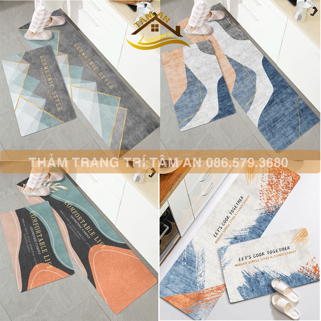 Set hai Thảm Thảm Bếp , Thảm lót sàn cao cấp hoạ tiết sang trọng kích thước 45x75cm và 45x150cm, Thảm trải sàn phòng bếp
