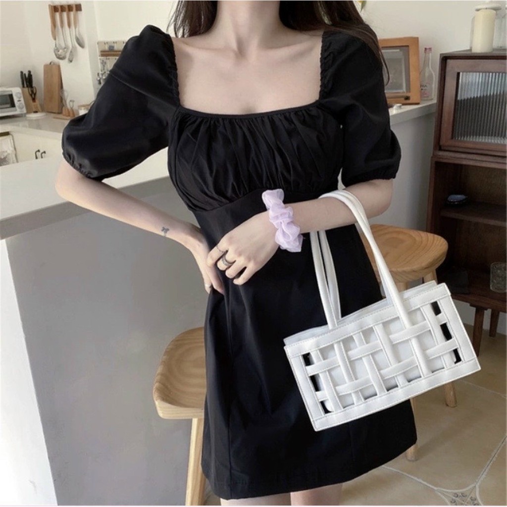 [NNY CLOTHING] Váy cổ vuông nhún ngực EMMA DRESS ĐEN - V014