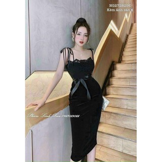 Đầm nhung phối ren body 2 dây