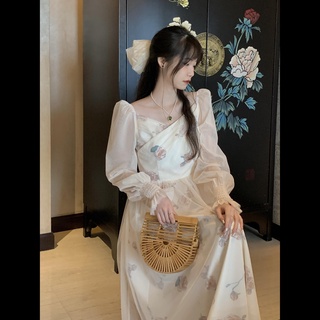 Đầm midi Hoa Tay Dài Cổ Chữ v Phong Cách Retro Thời Trang Mùa Thu 2020