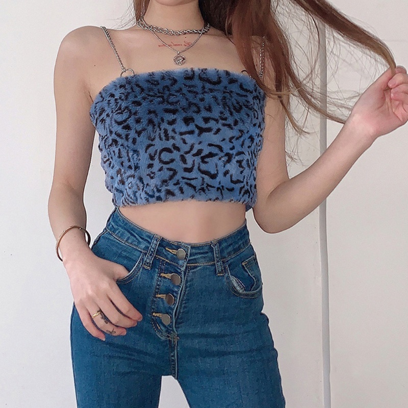 Xiangbao Áo Crop Top Hai Dây Phối Lông Họa Tiết Da Báo Phong Cách Harajuku Quyến Rũ Cho Nữ