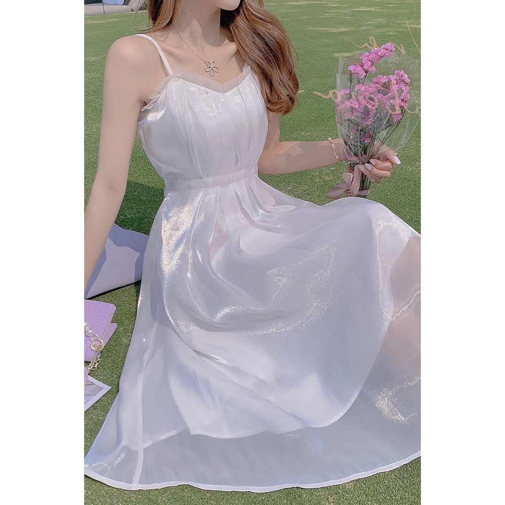 Váy maxi trắng chất lụa thắt nơ sau dáng dài tiểu thư sang chảnh cổ tích 2021 (Loại 1)