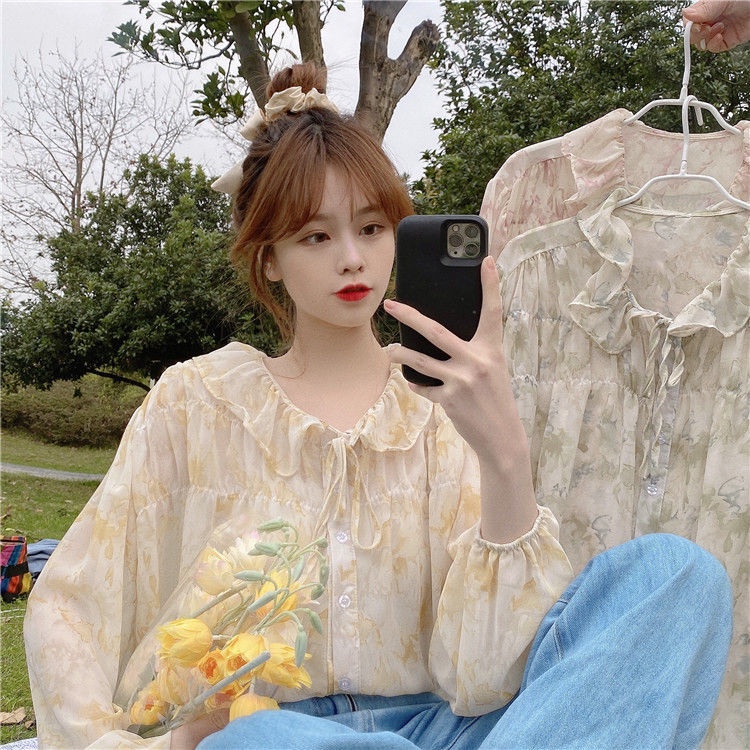 Áo Sơ Mi Tay Phồng Dáng Rộng In Họa Tiết Hoa Dễ Phối Đồ Thời Trang Cho Nữ