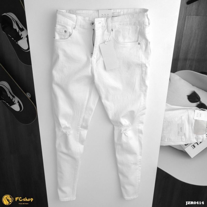 Quần jean nam trắng GẤU 194 trơn & rách vải jeans co dãn, dày dặn, form slimfit