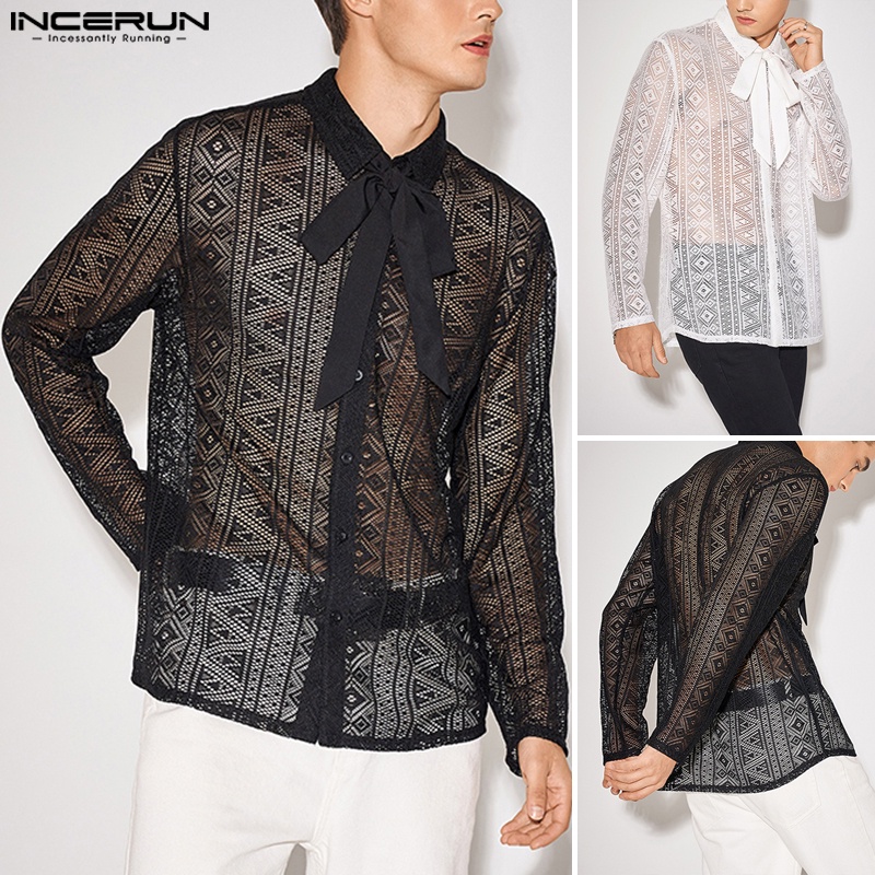 Áo sơ mi INCERUN dài tay kẻ sọc phối lưới xuyên thấu thời trang dành cho nam