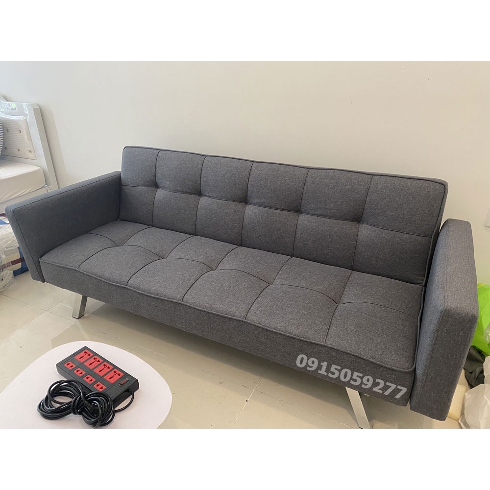 SOFA BED CÓ TAY CHẤT VẢI BỐ MỊN DÀI 1M9 CHÂN KIM LOẠI CAO CẤP
