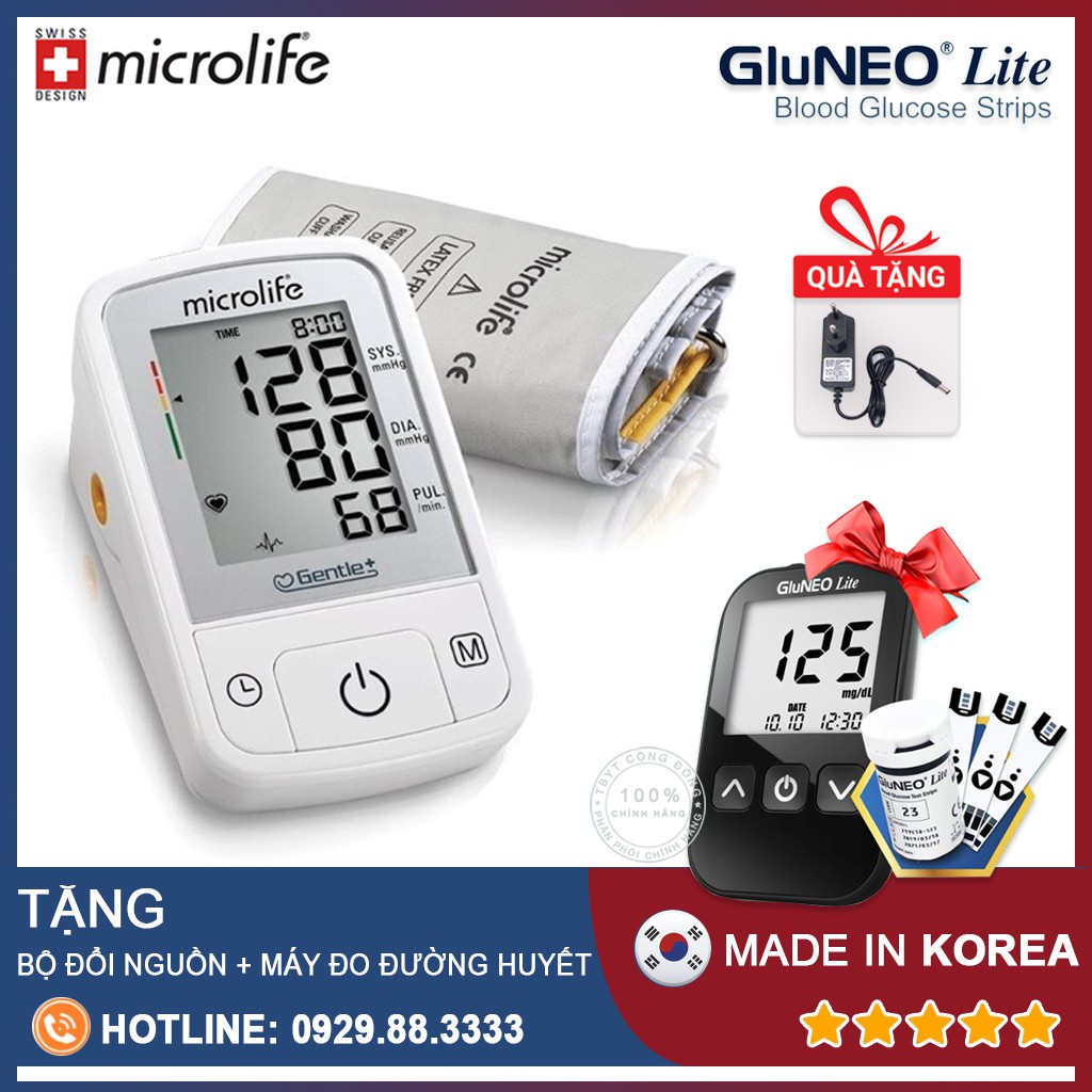 Máy Đo Huyết Áp Bắp Tay Microlife A2 Basic ( Kèm Bộ Đổi Nguồn ) + Tặng máy đo đường huyết Gluneo Lite Hàn Quốc