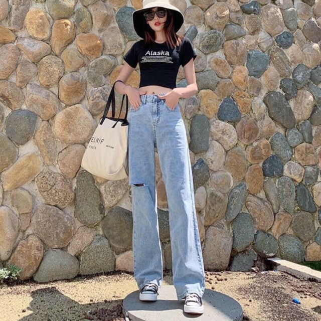 Baggy Jeans Ống Rộng Dài Rách 1 Bên