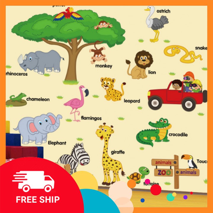 Decal dán tường ⚡FREE SHIP⚡ Tranh dán tường hình vườn thú tiếng anh giúp bé học ngoại ngữ vui và tốt hơn