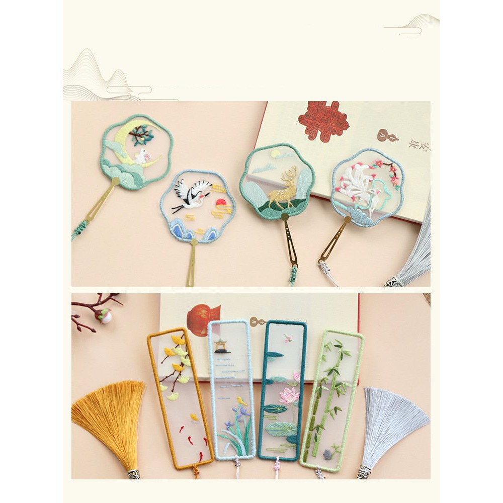 Bookmark kim loại TỰ THÊU hình QUẠT XẾP - BÌNH PHONG handmade phong cách cổ trang kẹp sách độc đáo