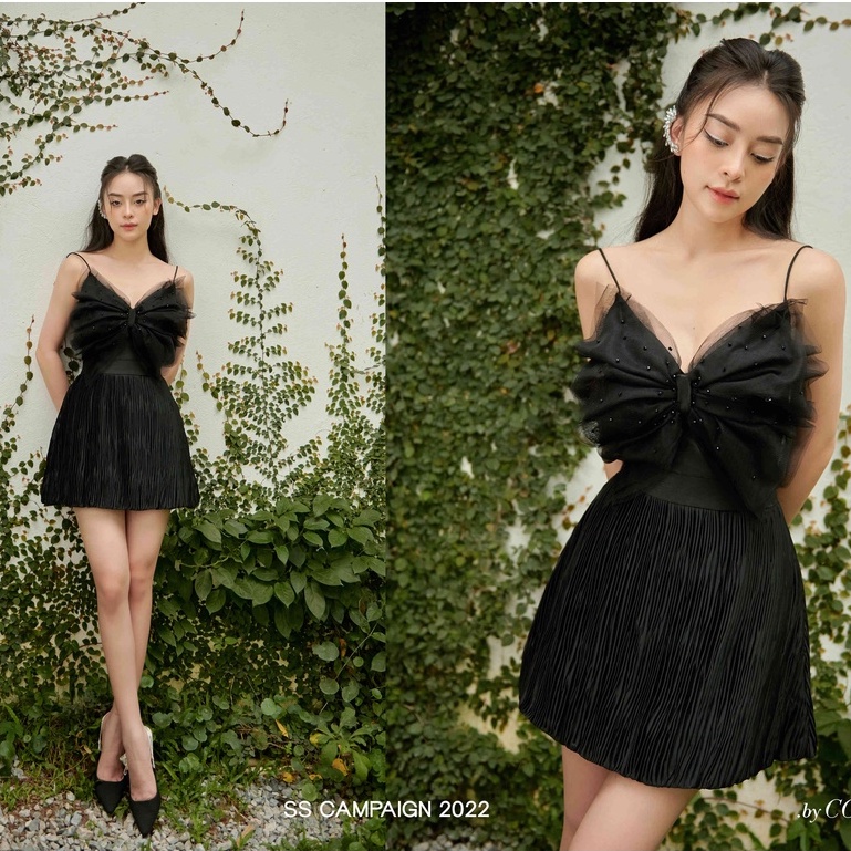 [COLIN CLOTHING] Áo 2 dây croptop nơ lưới ánh kim đính hạt