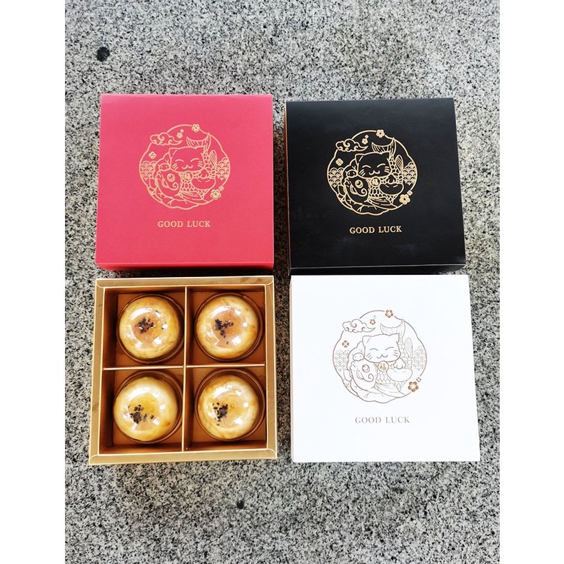 Hộp giấy cứng chia ngăn đựng bánh trung thu, hộp quà tặng sang trọng, dễ thương hình mèo may mắn 4 ô