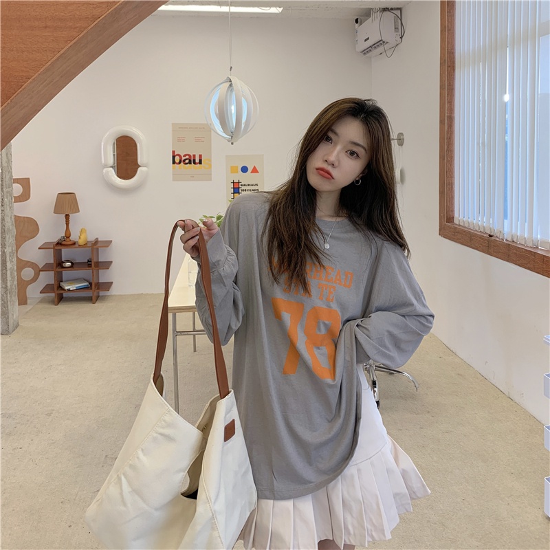 SUXI Áo Thun Tay Dài Cổ Tròn Dáng Rộng In Chữ Thời Trang Mùa Hè Xinh Xắn Cho Nữ