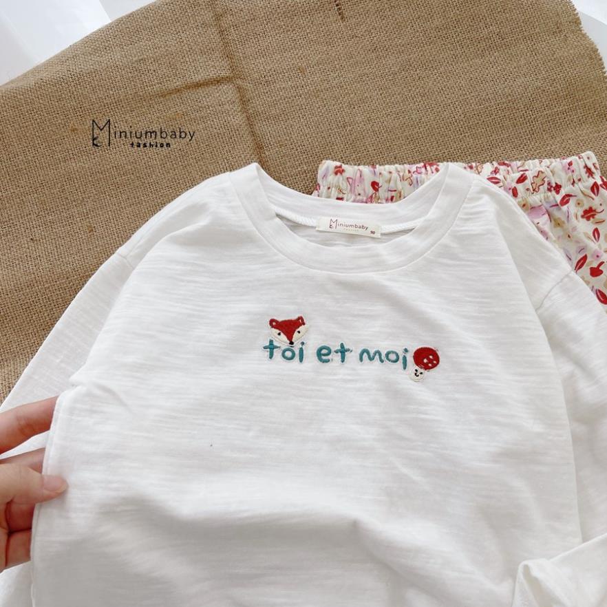 Bộ đồ dài tay quần dài thu đông thêu cáo nấm cho bé gái chất liệu 100% cotton quần áo trẻ em MiniumBaby-SB1252